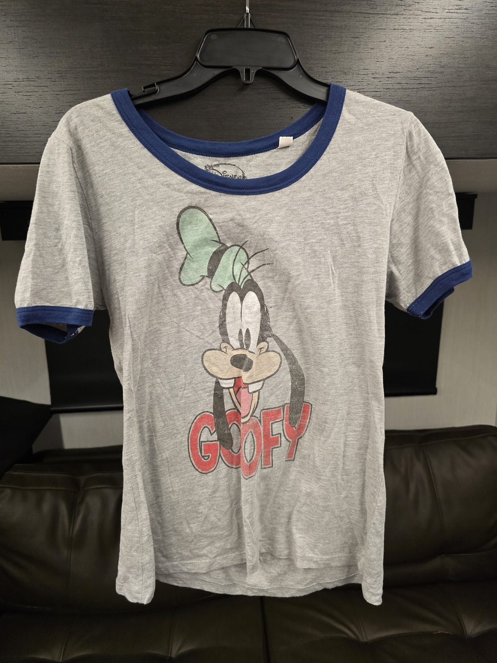 Disney Gray Goofy Graphic Tee with Blue Trim, Size L